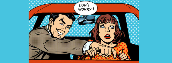 dessin homme et femmes au volant "don't worry"